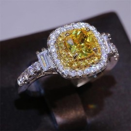 925 Sterling Silver Full Diamond Ring 18K Gold Shiny Citrine Ring Square Cut Cubic Zirconia Promise Rings CZ Yellow Gem Cocktail Rings Eternity Engagement Wedding Band Ring for Women Z.46 (US Code 10)