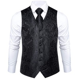 DiBanGu Men Black Paisley Suit Vest and Tie Pocket Square Cufflinks Waistcoat Vest Set Gifts For Men