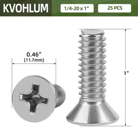 25 PCS 1/4-20 x 1 Phillips Flat Head Machine Screws, Countersunk Head Machine Screw Bolts, 18-8 Stainless Steel (304), Full Thread, Bright Finish