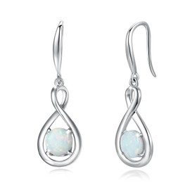 FANCIME White Opal Dangle Drop Earrings 925 Sterling Silver Dainty Infinity Created Gemstone October Birthstone Earring Fine Jewelry Birthday Gifts for Her Women