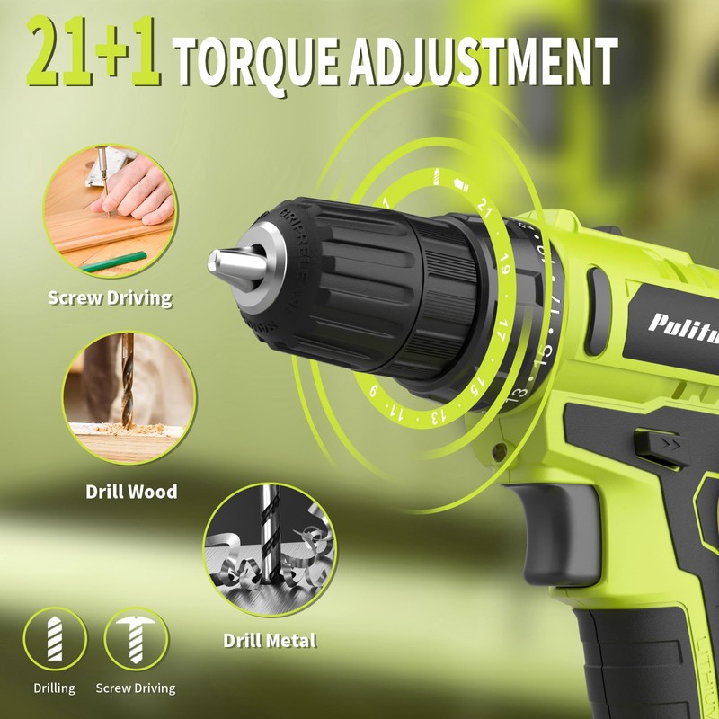 PULITUO'S 20V Cordless Drill/Driver, Electric Screwdriver - 2 Batteries, 30Nm,
