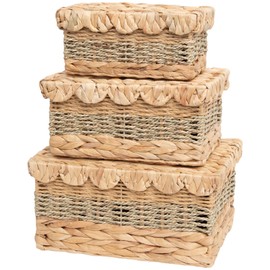 VinneGenzz 3PCS Wicker Storage Baskets with Lid Natural Handmade Scalloped Rattan Box Decorative Boho Removable Tray Lid Handle Water Hyacinth Seagrass Paper Rope Woven Bin (1 Large 1 Medium 1 Small)