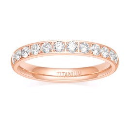 TIGRADE 3mm Women Titanium Engagement Ring Half Cubic Zirconia Eternity Wedding Band Size 3-12.5, Rose Gold, Size 8.5