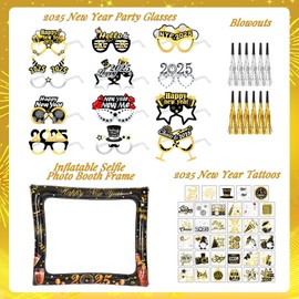 HOWAF New Year Party Accessories 2025, New Years Eve Party Props Inflatable Selfie Frame, Happy New Year Glasses 2025 Glasses, Tattoos, Party Blowers for New Years Eve Decorations 2025, Black Gold