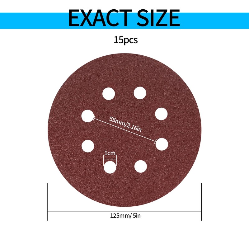 15 Pcs 125 mm Sanding Discs, 60 Grit Sandpaper, 8