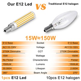 TRIJZHOU E12 LED Bulbs Dimmable 120V 150W Equivalent Energy Saving E12 Base COB Light Warm White 2700K 15W 1500LM Chandelier T6 Candelabra Base Bulbs for Home Light Pack of 3
