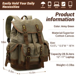 HuaChen Vintage Canvas Leather Backpack: Spacious Durable Rucksack for Men & Women, Perfect for Travel and College Life (M86_Army Green_Coffee)