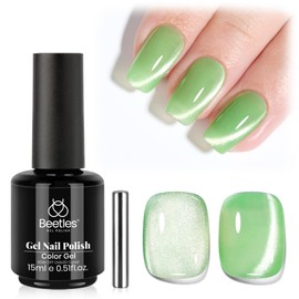 Beetles Green Cat Eye Gel Polish, 15ML Light Green Glass Cat Eye Glitter Gel Polish with Magnet Shimmer Translucent Sheer Color Soak Off UV Lunar Gleam Series French Nail Art Gift for Women