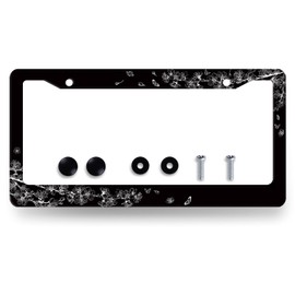 Black White Cherry Blossom License Plate Frame Butterfly Flower License Plate Holder Stainless Steel Car Accessories Decoration 6.3"X12.3" with 2 Holes Screws