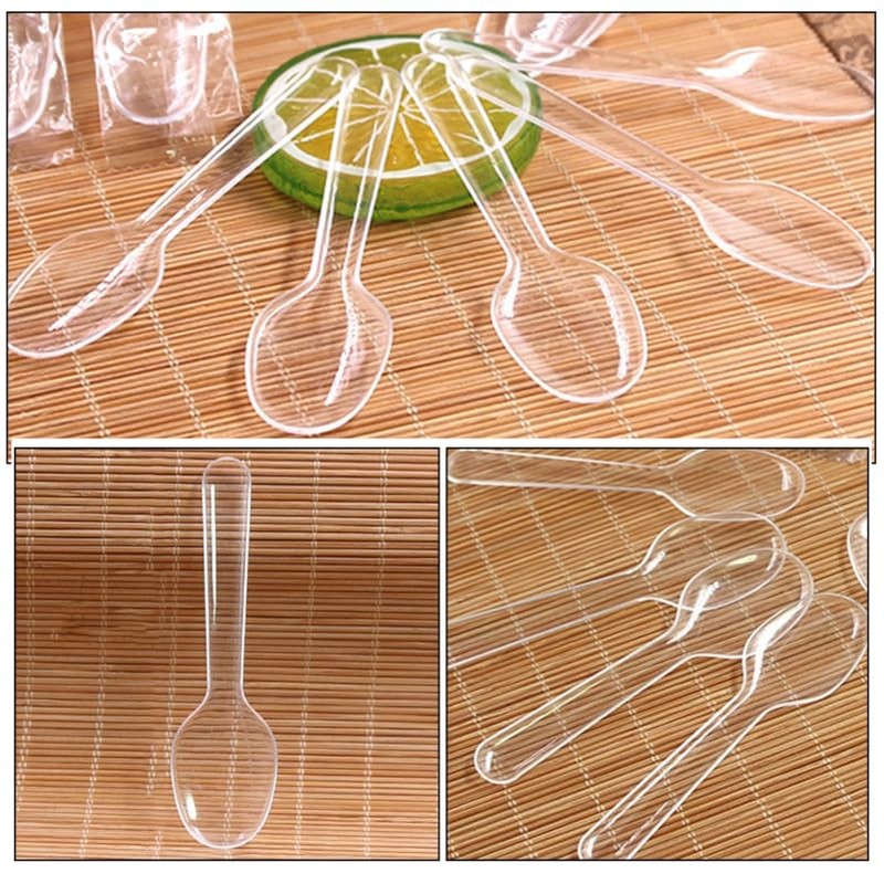TOYMYTOY 100pcs Disposable Transparent Mini Spoons 8.5cm Individual Packing Bag