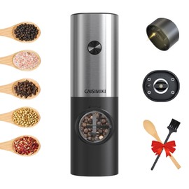 CAISIMIKI Electric Salt or Pepper Grinder Battery Operated, Automatic Salt and Pepper Mill Grinder Shakers with LED Light, Adjustable Coarseness, Include Brush and Spoon, Stainless Steel 1 PACK
