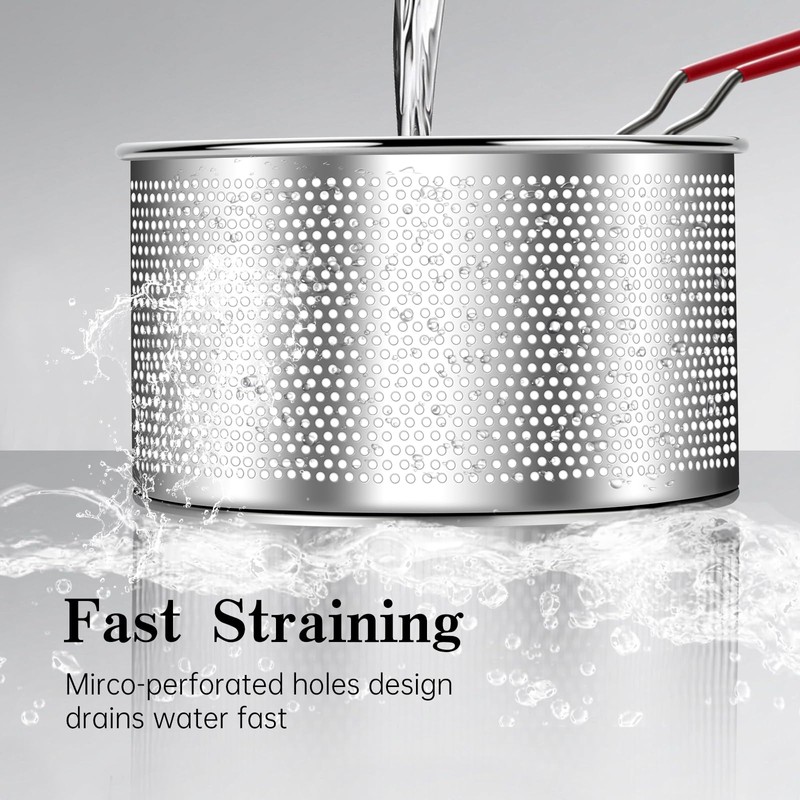 Stainless Steel Colander, Micro-Perforated Metal Pasta Strainer with Hook &