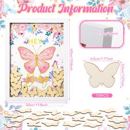 Unittype 71 Pcs Large Size Baby Shower Guest Book Alternative Baby Shower Sign in Guestbook Photo Frame with 70 Pcs Wood Chips Signature Keepsake for Baby Shower Favor Birthday Party(Pink,Butterfly)