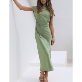 2023 Satin Cap Sleeve Cowl Back Summer Dresses for Women Elegant Ruched Waist Wedding Guest Midi Dress Emerald…