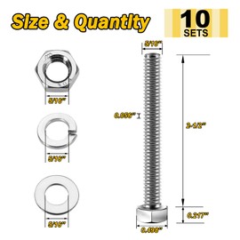 Mywish (10 Sets) 5/16-18x2-1/2 Hex Head Assorted Screws Nuts and Bolts with Flat & Lock Washers, 304 Stainless Steel 18-8, Fully Threaded, 5/16 Bolt Metric Bolt Assortment