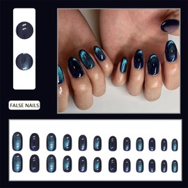Cat Eye False Nails - 24Pcs Almond Press on Nails Medium Long - Blue Glitter Fake Nails - Oval Glossy Stick on Nail with Glue, Acrylic Full Cover Glue on Nail for Women Girls Nail Art