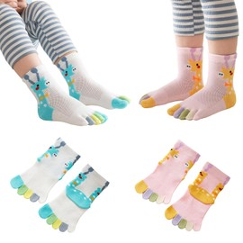 2 Pairs Cotton Split Tabi Toe Socks Five Finger Socks Elastic Casual Cartoon Giraffe Breathable Seperated Socks for Kids Boys Girls 7-12 Years (White+Pink)