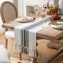 Boho Table Runner for Modern Farmhouse Decor, Dining Table décor 13 x 90 Inch Long, Coffee Table Runner with Handcrafted Tassels, Black and Beige Stripe Table Runner for Home Boho décor