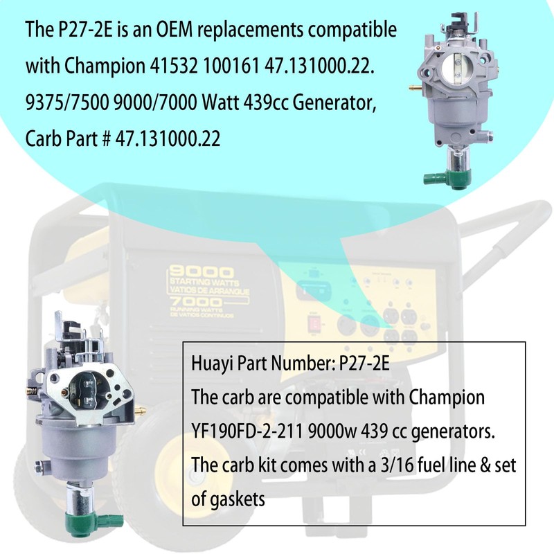 DVBB 41532 100161 Carburetor Compatible with Champion 9375/7500 9000/7000 Watt