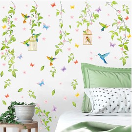 KAIRNE Pack of 108 Green Leaves Wall Stickers, Modern Wall Stickers, Living Room, Green Plant Wall Sticker, Removable Hanging Vine Wall Picture, Flowers Wall Sticker, Bird Sticker for Windows,