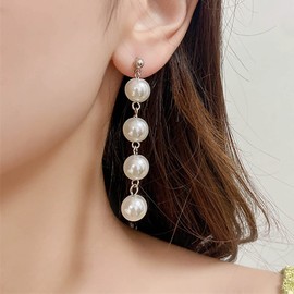 TseenYi Boho Pearl Earrings Silver Pearl Long Tassel Earrings Large Pearl Chain Earrings Vintage Pearl Stud Earrings Pearl Bridal Earrings Jewellery for Women and Girls Gifts