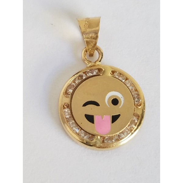 14k yellow gold emoji winking silly face stuck out tongue out pendant charm cz