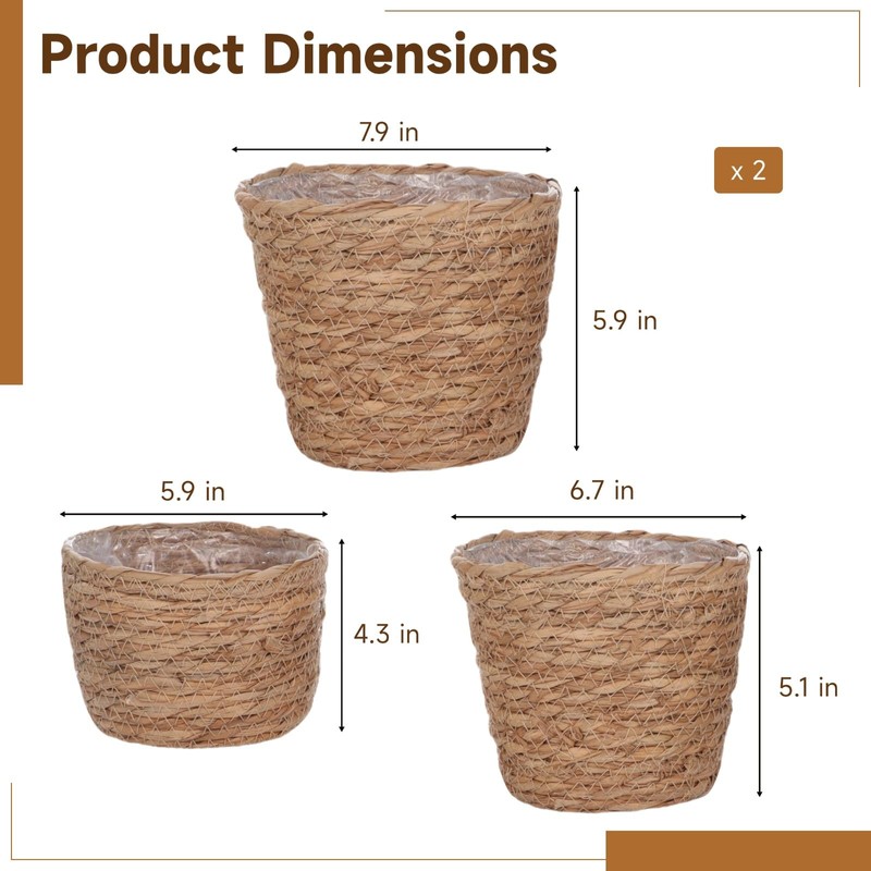 6 Pcs Plant Baskets Indoor with Plastic Liners, Wicker Hand