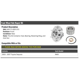 Front Wheel Bearing Hub Repair Kit with Retaining Ring and Axle Nut - Compatible with 2003-2007 Toyota Sequoia RWD