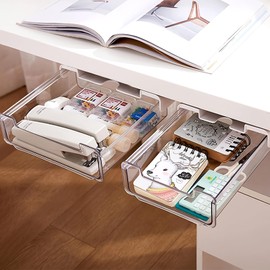 2 Pack Under Desk Storage Drawers Slide Out-Drill-On or Self-Adhesive,Large&Medium Desk Drawer Under Desk ,Under Desk Organizer Under Table Drawer for Home Office School Organization and Storage