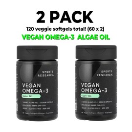 Sports Research Vegan Omega-3, 2 PACK, Algae Oil, 1,400 mg per serving, 60 Softgels (120 total!)