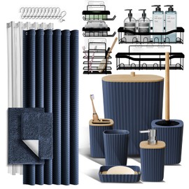 Bathroom Accessories Set with Shower Caddy and Bath Rugs, 27PC Bathroom Accessory Set with Shower Caddies Navy Bath Rugs, Shower Curtain Set, Toilet Brush, Trash Can, Soap Dispenser, Toothbrush holder