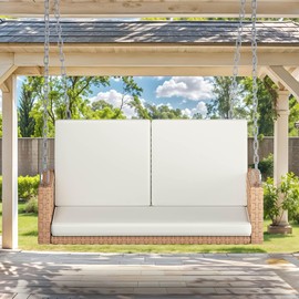 DWVO 2-Person Hanging Porch Swing with Cushions, Wicker Outdoor Swing Chair with Iron Frame, 530lbs Capacity for Patio, Garden, Balcony, Backyard, Indoor Use (Brown)