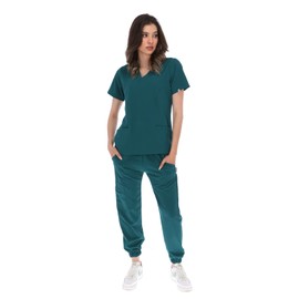 Pijama Quirúrgica Scrub Anti fluidos para Mujer con pantalón Jogger y Bolsillos (L, Verde Botella)