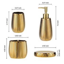 Bathroom Accessories Set 4 Pcs, Gold Ceramic Bathroom Accessories Complete with Soap Dispenser, Toothbrush Holder, Bathroom Tumbler, and Soap Dish - Modern Bathroom Decor