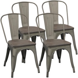 Yaheetech Metal Dining Chairs with Wood Seat/Top Stackable Side Chairs Kitchen Chairs with Back Indoor-Outdoor Classic/Chic/Industrial/Vintage Bistro Café Trattoria Kitchen Gun Metal, Set of 4
