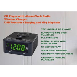 HANNLOMAX HX-208Wi CD/MP3 Player with Alarm Clock Radio, Wireless Charger, PLL FM Radio, USB Ports for Charging and MP3 Playback, 1.2" Green LED Display, Dual Alarm, AC Operation only.
