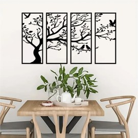 DUOOLN 4 Pcs Large Metal Birds and Branches Wall Decor, Tree of Life Metal Wall Art, Black Leaves with Birds Silhouette Hanging Wall Sculpture for Indoor Home Bedroom Living Room Outdoor，16.9x34.25in (43x87cm)