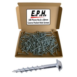 E.P.H. Pocket Hole Screws – No.8 x 38mm, Pack of 100 – Coarse Self-Cutting Thread, Square Drive – For Softwoods & Man-Made Boards – EPHS838100C