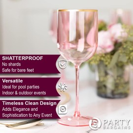 PARTY BARGAINS 5 Wine Goblets - Pink Gold Rim - Disposable Shatterproof Elegant Design Plastic Wine Glasses with Stem