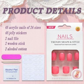 48Pcs Pink Solid Color Press on Nails Short + Press on Toenail for Girls Nail Decoration Kit Rose Pink Square Fake Nail with Nail Glue Glossy Acrylic Nails False Nails for Women Stick on Nails