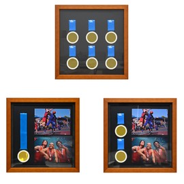 Medals Display Frame Shadow Box for 6 Medals /2 Race Photos, Solid Wood Medal Display Case, Multifunctional Medal Photo Frame for Marathon, Runner, Awards, War Military, Sport Gifts (Brown 13X13 inch）