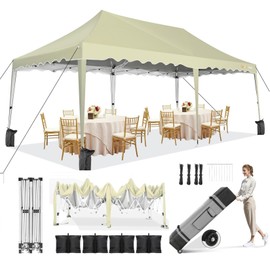 HOTEEL 10x20 Pop Up Canopy, Outdoor Easy Setup Party Tent, Waterproof Portable Enclosed Event Shelter with Wheeled Bag, Weight Bag for Backyard, Vendor, Khaki