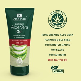 Aloe Pura Organic Aloe Vera Gel with Tea Tree, Natural, Vegan, Cruelty Free, Paraben & SLS Free, Cooling, Purifying, 200 ml