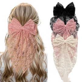 Xansema 3Pcs Big Hair Bows for Women Girls, Lace Large Long Bow Hair Clip Ribbon Ponytail Holder Accessories (A Style)