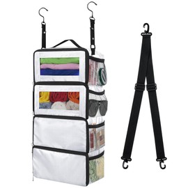 Suitcase Organizer, Carry on Closet Luggage Organizers Accessories for Travel, Foldable and Hangable Portable Hanging Travel Shelves with a Shoulder Strap to Use As a Travel Backpack Small, White