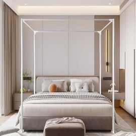 Stainless Steel Canopy Bed Frame Full Size, Heavy Duty Full Size Canopy Bed Frame, Metal Bed Frame, Sturdy Bed Post Poles Thicken Bed Canopy Frame for Metal Bed Wood Bed Bedroom Decor, White