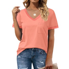 Summer Tops for Women 2025 Trendy Short Sleeve Clothes for Teen Girls Vneck Basic T Shirts Fashion XL Coral