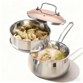 Boryenty Stainless Steel Saucepan with Steamer Basket, 2.5 QT Sauce Pot with Lid, Induction Compatible Small Soup & Pasta Pot for Noodles, Vegetables, Dumplings, Oatmeal & Gravies, All Cooktops