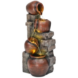 Ultym 31.5" Stacked Jars Outdoor Fountain, 4-Tier Resin Post and Pitchers Water Feature with Lights, Soothing Cascading Waterfall Creating Serene Oasis for Garden, Patio, Yard, Deck, or Porch