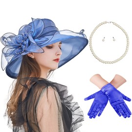MS.ING Womens Kentucky Derby Hat,4PCs Fascinators for Women Tea Party Bridal Wedding Church Derby Hat Set with Gloves Necklace Earrings(Deep Blue Set)
